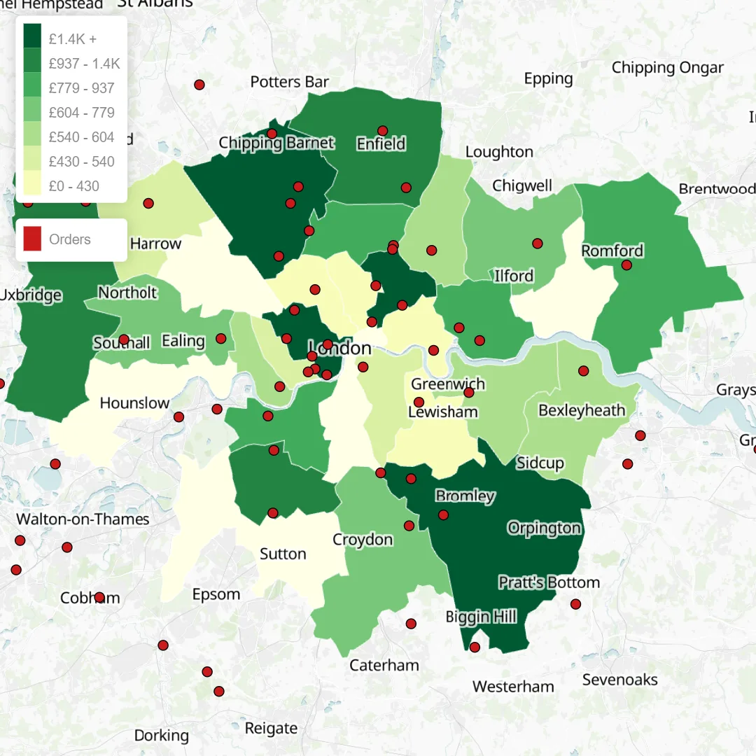 London postcode demand map showing order locations and regional revenue intensity