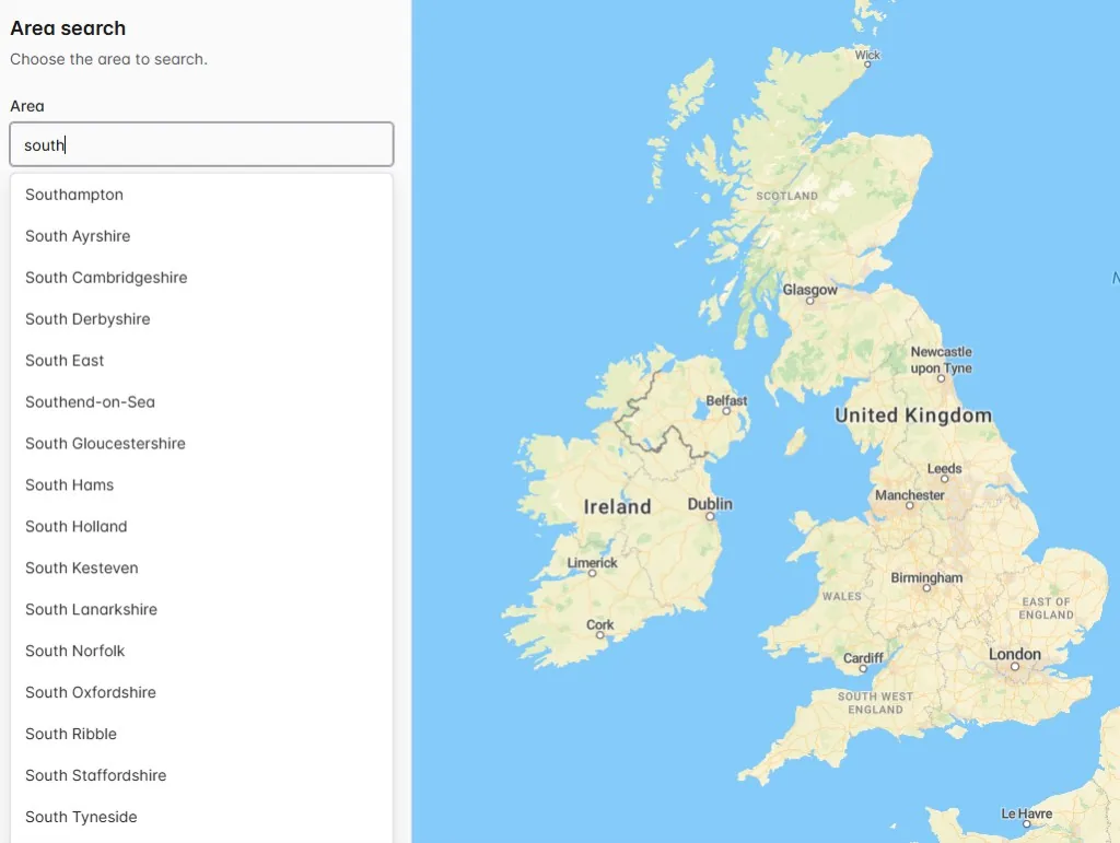 The MapDemand.ai area search box with south typed in, showing a dropdown of matching UK areas such as Southampton and South Ayrshire next to a map of the UK