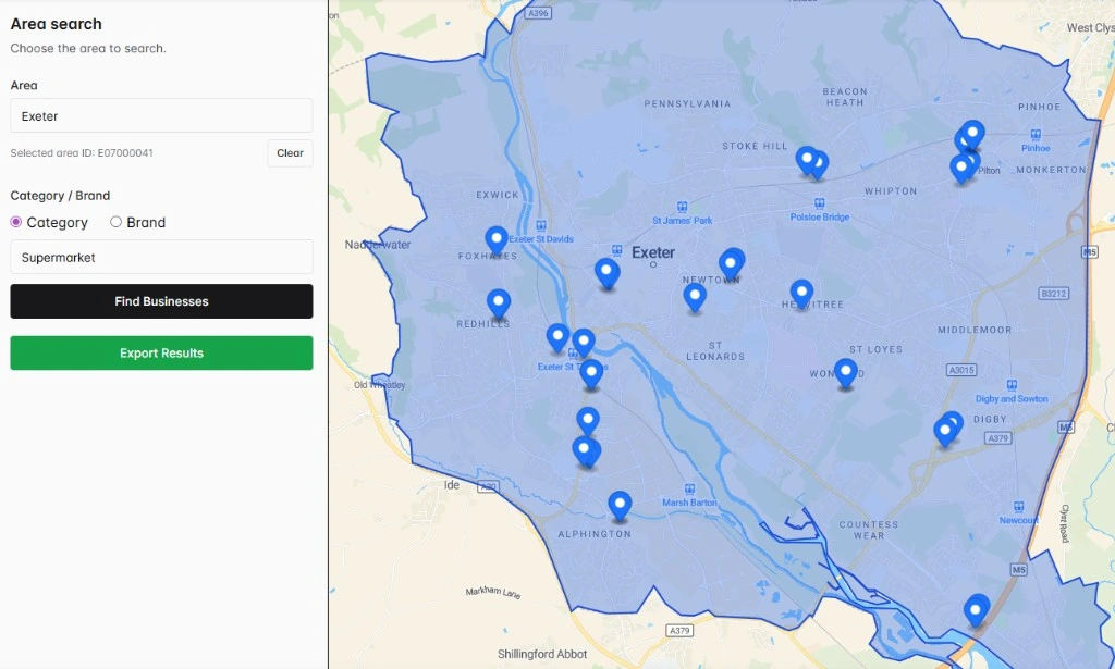 The MapDemand.ai app showing an area search for supermarkets in Exeter, with matching businesses pinned on the map and an Export Results button