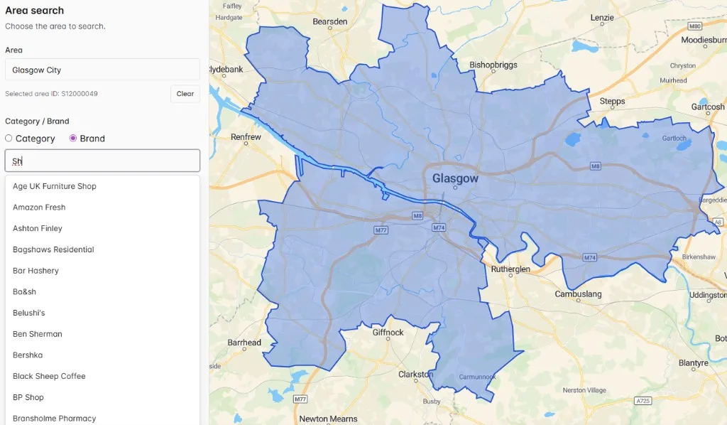 The MapDemand.ai app with Glasgow City selected and the Brand filter chosen, showing a dropdown of brand names while the Glasgow City boundary is highlighted on the map