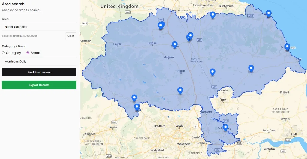 The MapDemand.ai app showing Morrisons Daily locations across North Yorkshire as blue pins on the map, with an Export Results button in the panel
