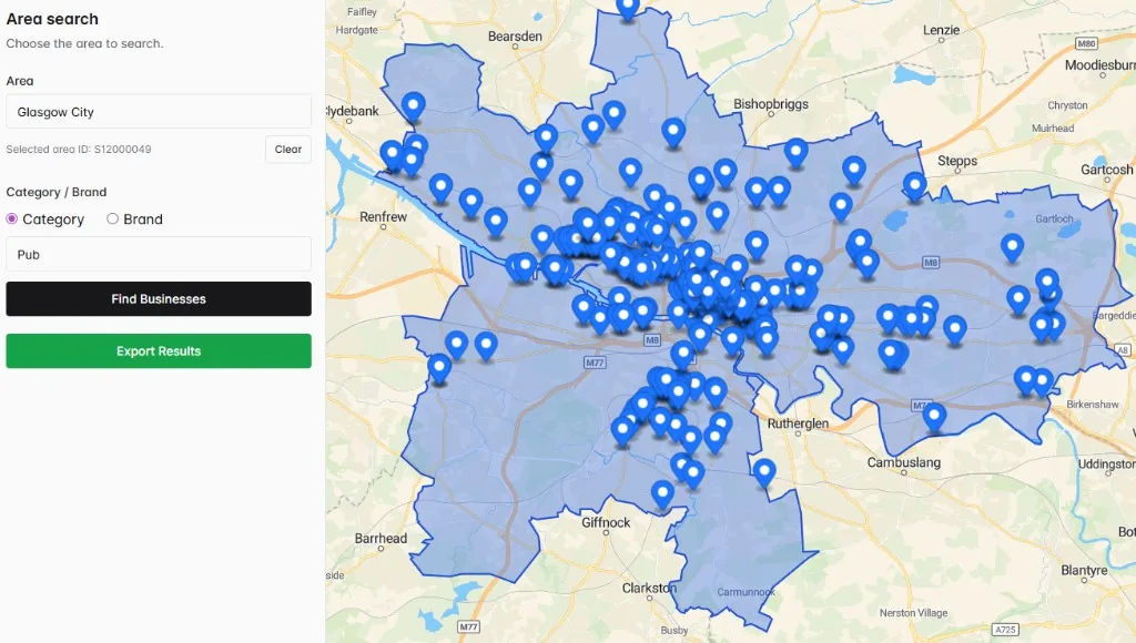 The MapDemand.ai app showing pubs found across Glasgow City as dozens of blue pins on the map, with Find Businesses and Export Results buttons in the panel