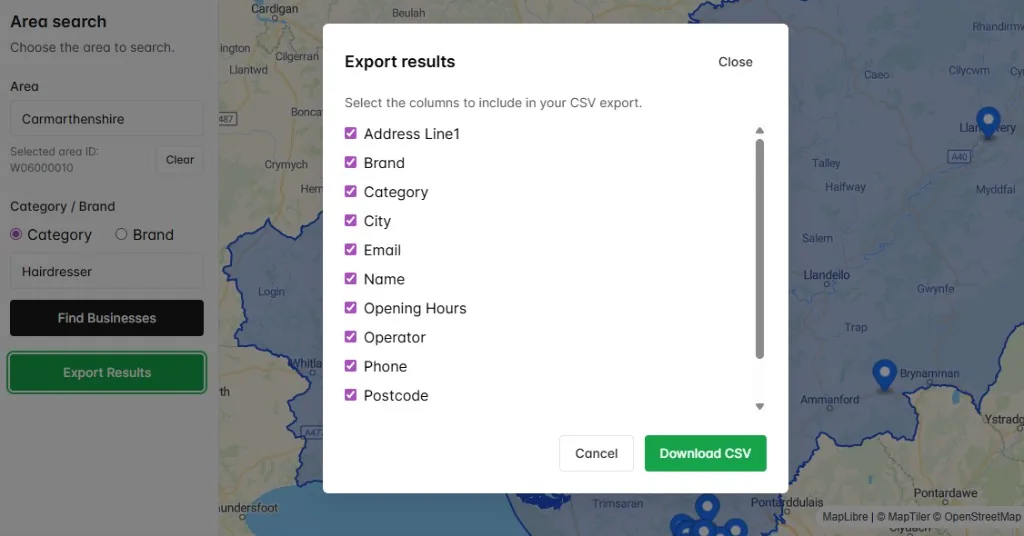 The MapDemand.ai export dialog with tick boxes to select CSV columns such as Address Line, Brand, Category, City, Email, Name, Opening Hours, Operator, Phone, and Postcode, and a Download CSV button