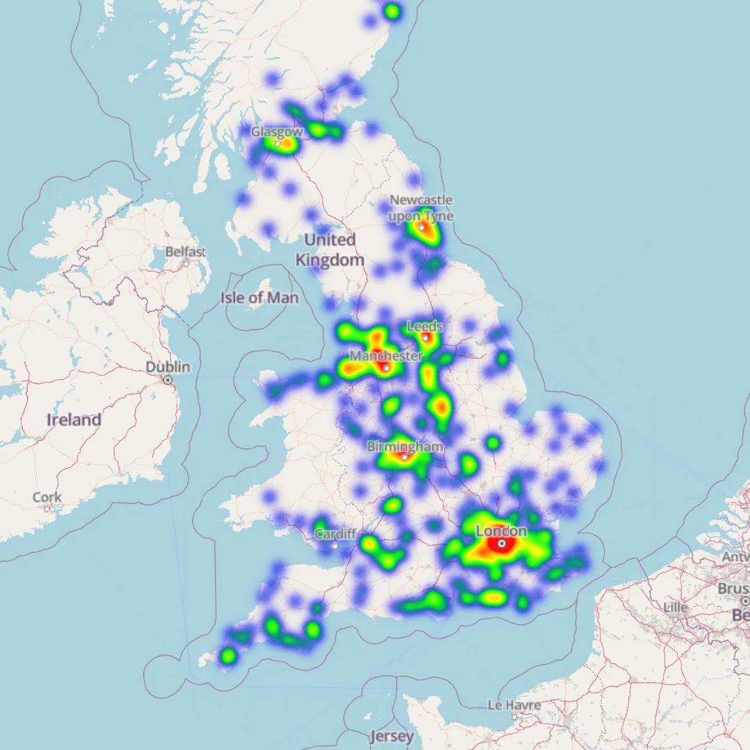 UK online demand heatmap showing customer order density across major regions