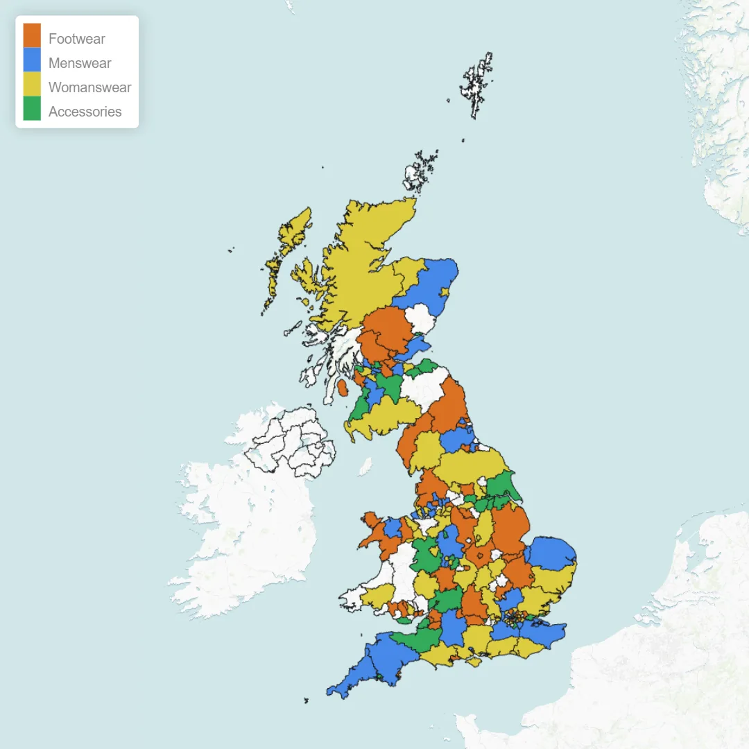 UK product category demand map comparing footwear, menswear, womenswear and accessories by region