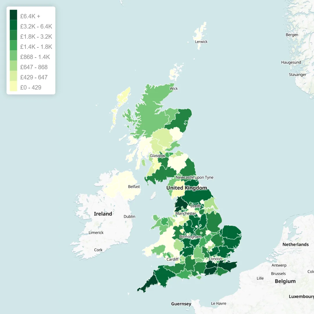 UK regional demand map showing online sales revenue by postcode area